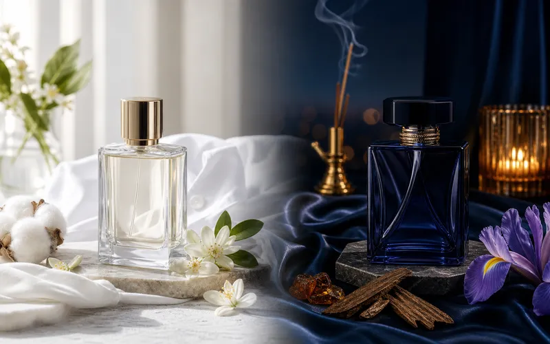 Perfume bottles in daytime and nighttime lighting settings