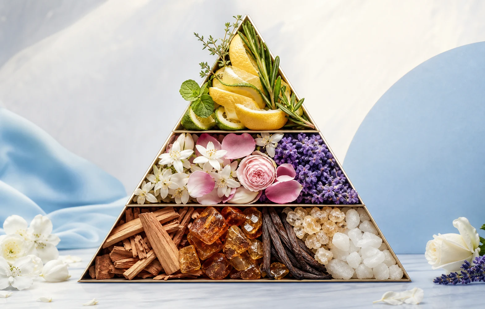 Olfactory pyramid with citrus, flowers, and woods